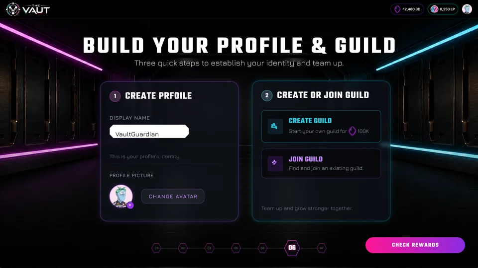 Step 06, continued: Build your profile & guild — a display name and an avatar, then create a guild for 100K or join one