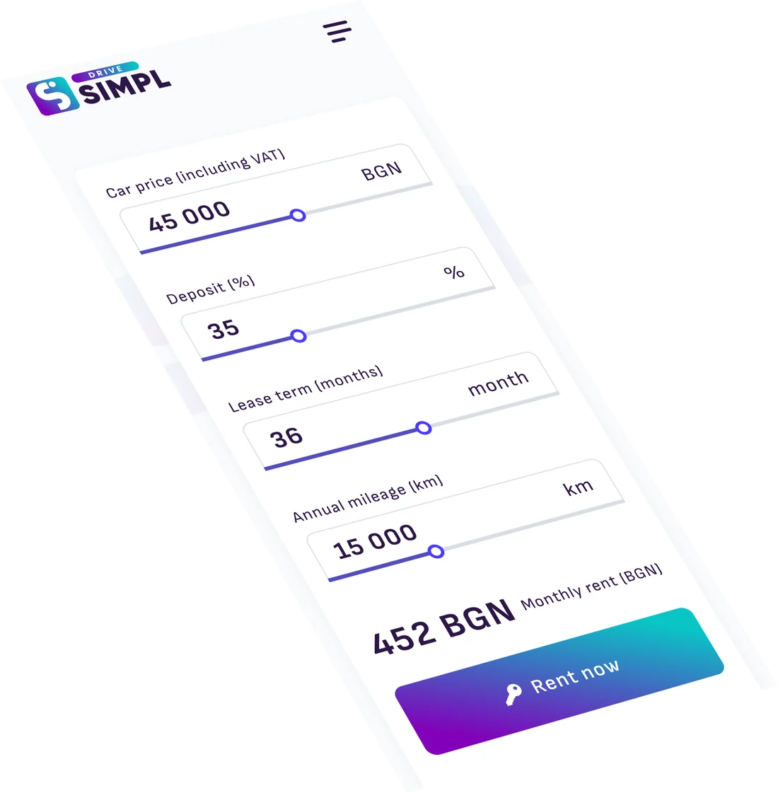 The same calculator in English, tilted as the file presents it: car price (including VAT) 45 000 BGN, deposit 35%, lease term 36 months, annual mileage 15 000 km, and 452 BGN monthly rent over a Rent now button
