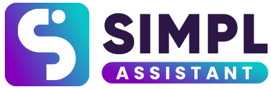 The Simpl Assistant lockup: the same mark with ASSISTANT set in white on a violet-to-teal pill under the wordmark