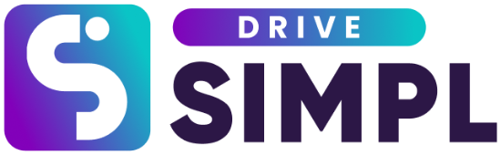 The Simpl Drive lockup: the same mark with DRIVE set in white on a violet-to-teal pill above the wordmark