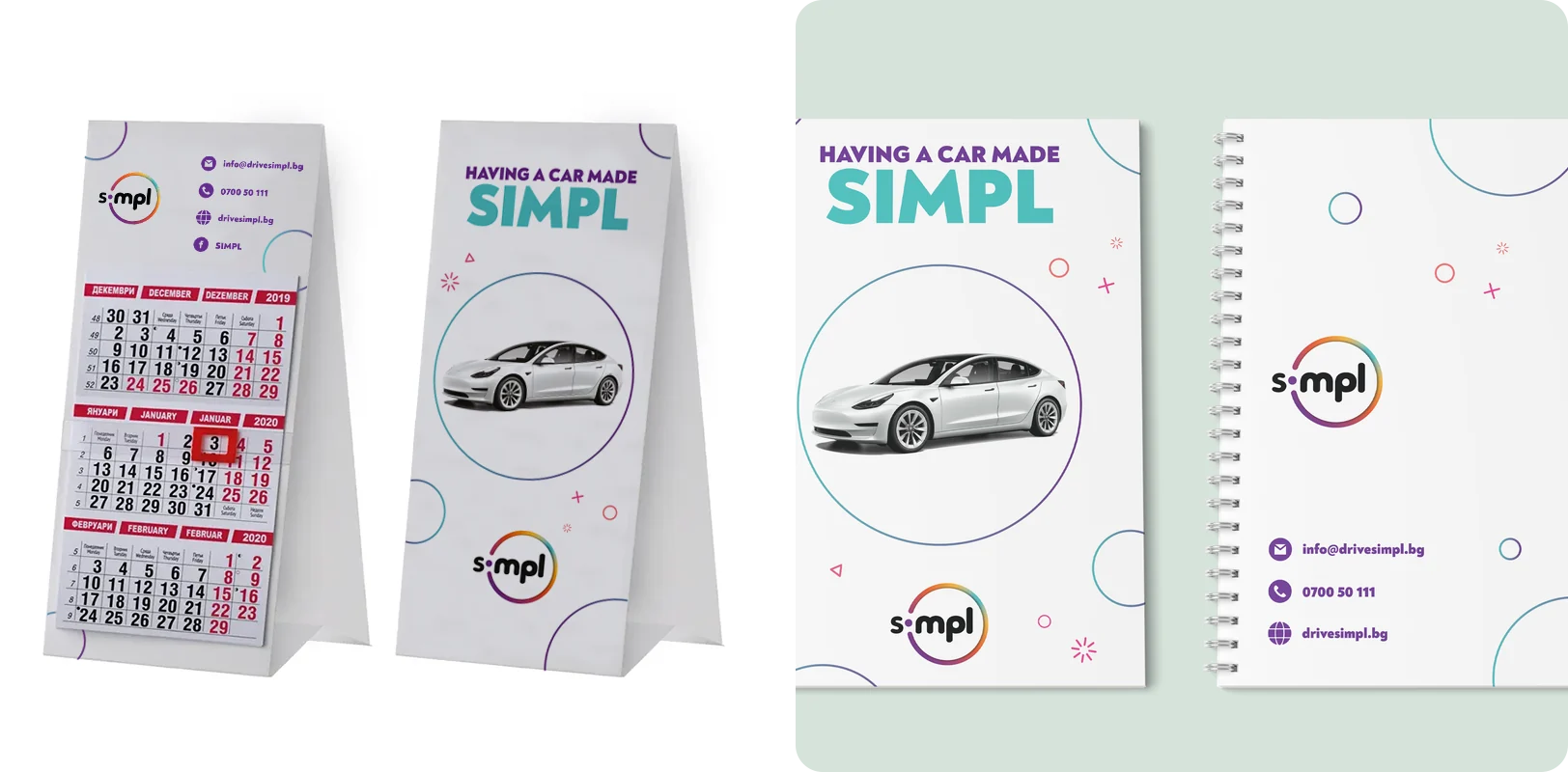 The earlier print under the ring mark: a pyramid desk calendar with the ring logo and contacts on one face and “Having a car made SIMPL” with a car on the other, and a spiral notebook with the same line on its cover