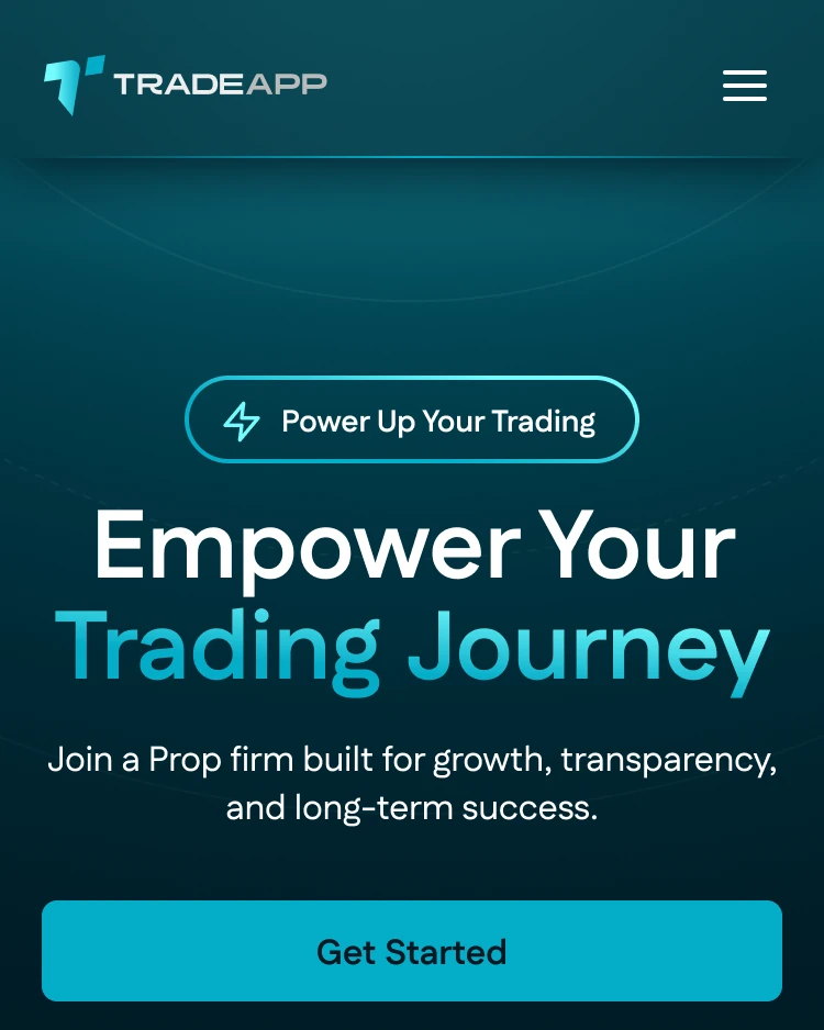 The TradeApp homepage as shipped: navy page, the headline “Empower Your Trading Journey” with its second line in the cyan gradient, and a cyan Get Started button