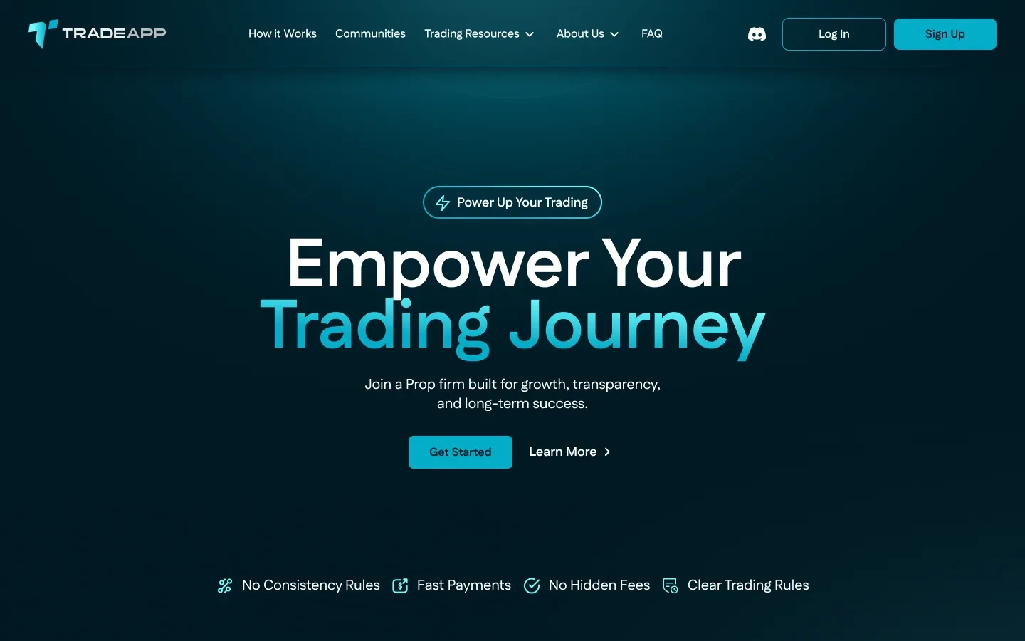The TradeApp homepage as shipped: navy page, the headline “Empower Your Trading Journey” with its second line in the cyan gradient, and a cyan Get Started button