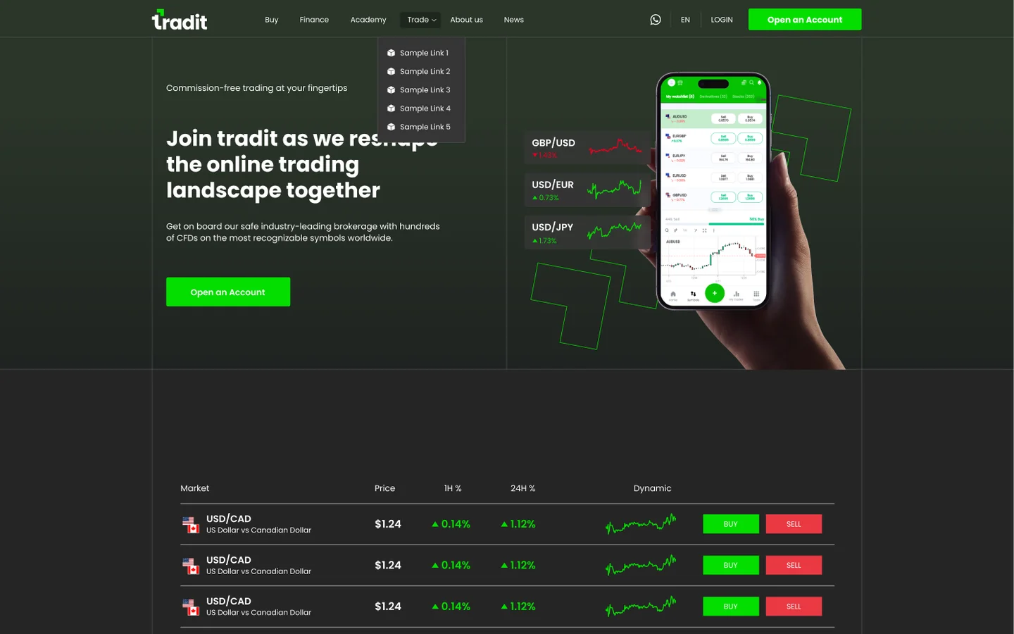 The tradit homepage in dark mode: “Join tradit as we reshape the online trading landscape”, a phone running the trading app, and the popular-stocks table below