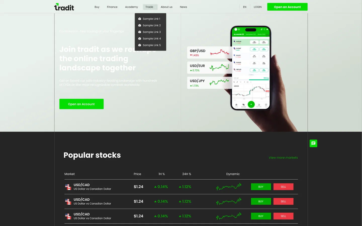 The tradit homepage fold in light mode