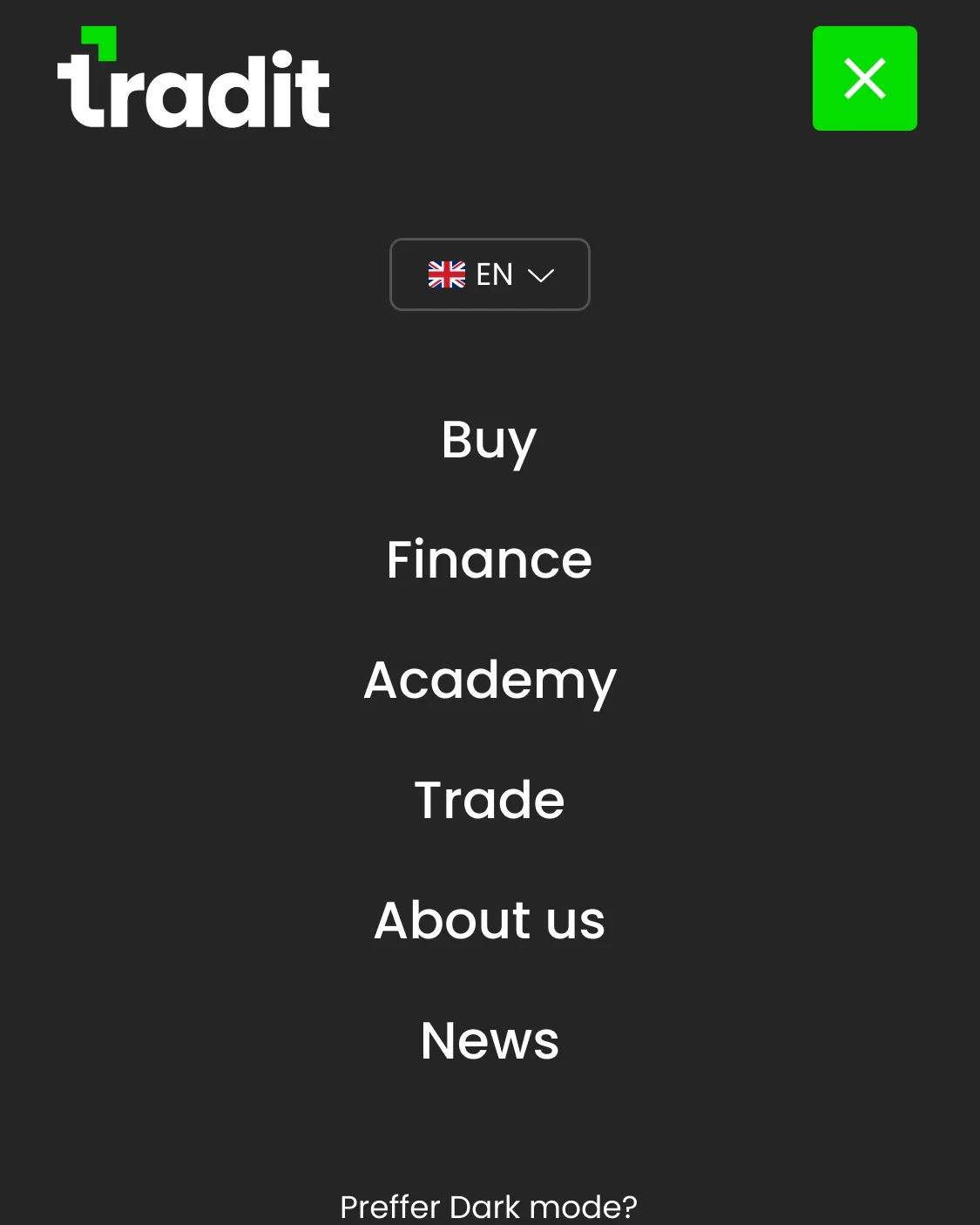 The tradit homepage in dark mode: “Join tradit as we reshape the online trading landscape”, a phone running the trading app, and the popular-stocks table below