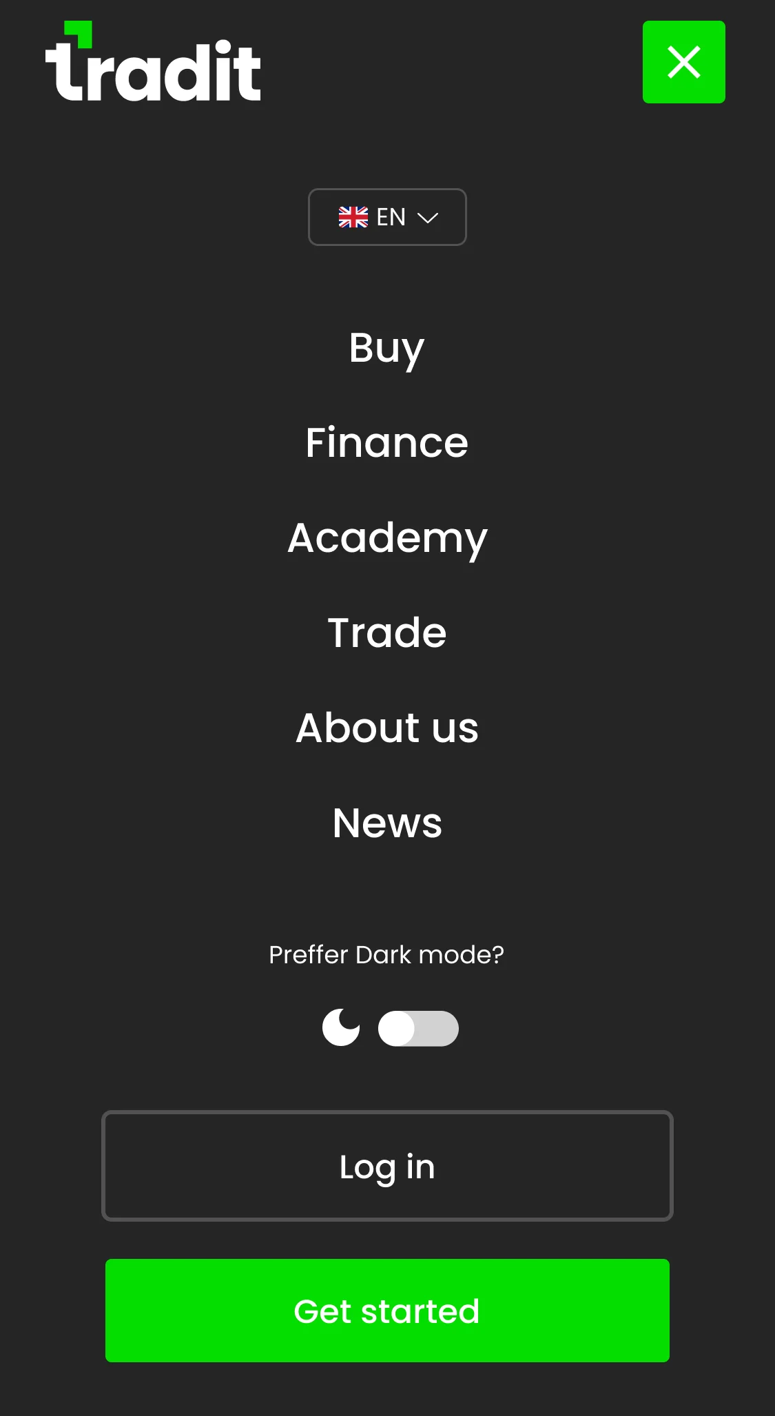 The Tradit mobile menu drawer in light mode beside the same drawer in dark mode: wordmark, language selector, six links, a dark-mode toggle, Log in and a green Get started button — Dark