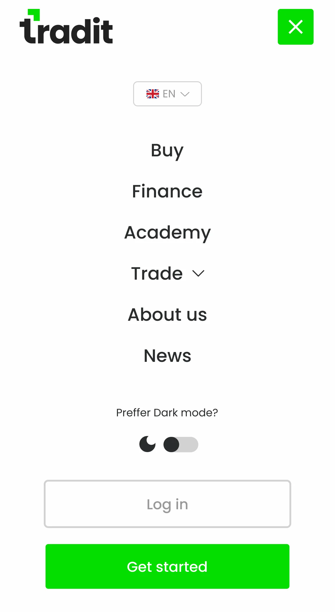 The Tradit mobile menu drawer in light mode beside the same drawer in dark mode: wordmark, language selector, six links, a dark-mode toggle, Log in and a green Get started button