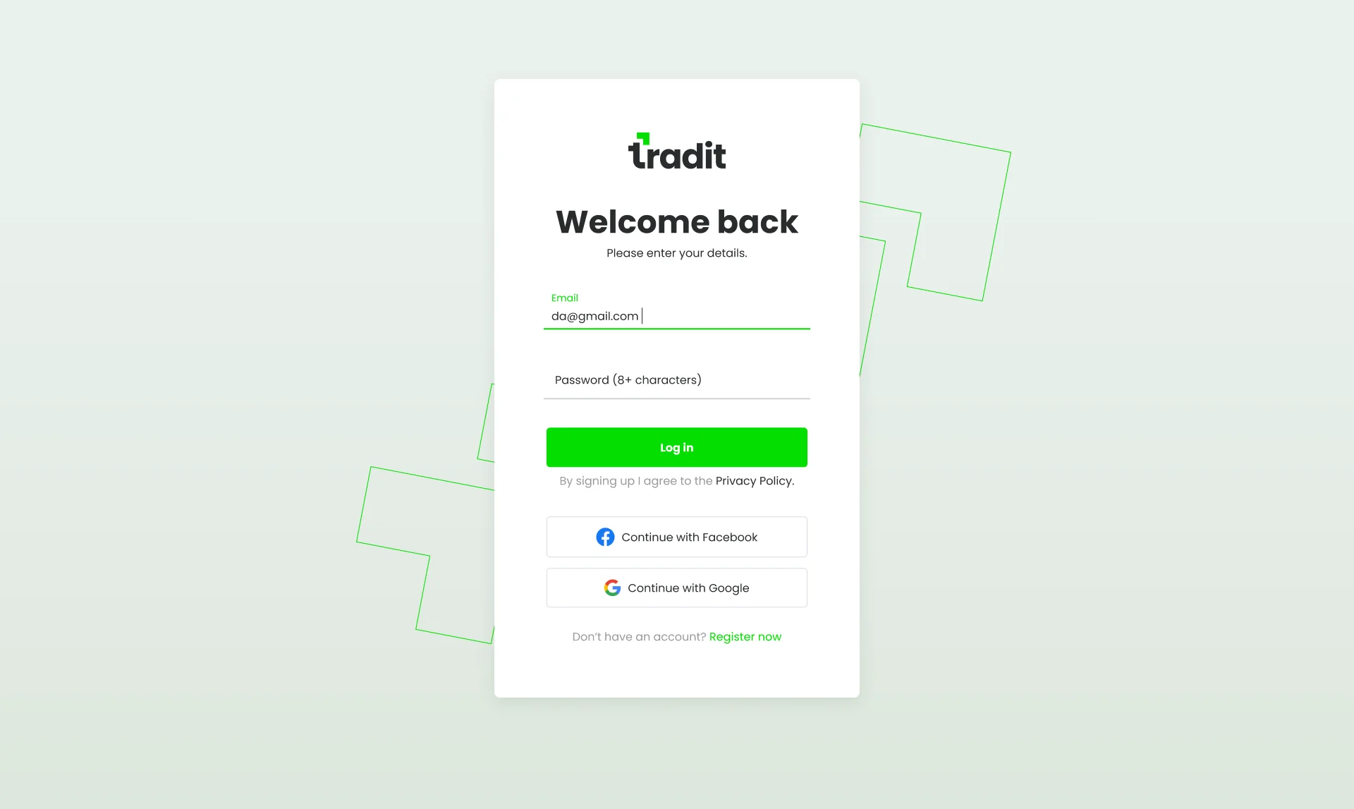 The Tradit sign-in screen: the form on a light panel with the accent-squares motif behind it
