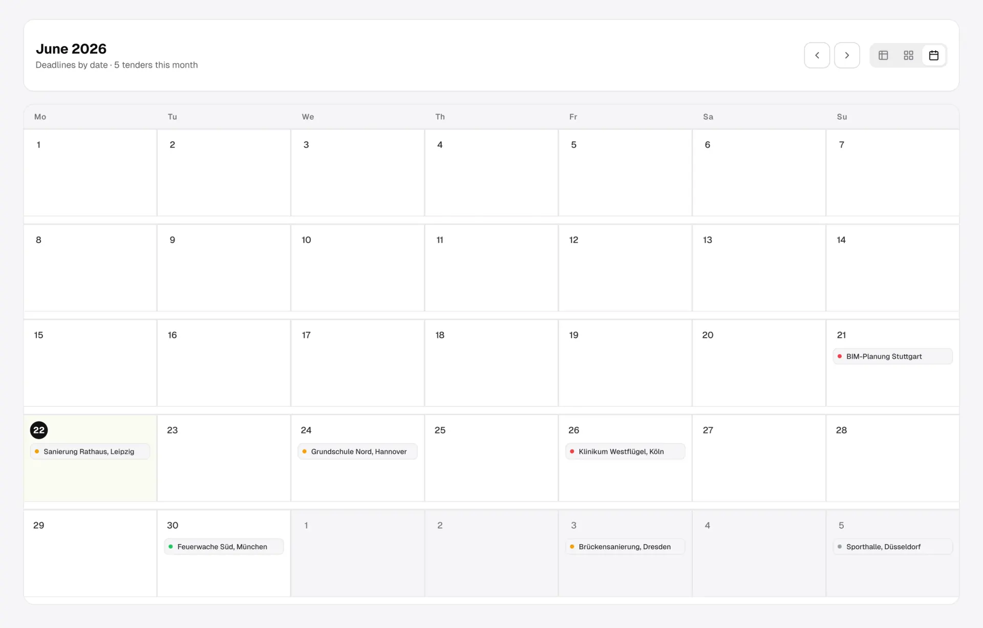 The calendar for June 2026, “Deadlines by date · 5 tenders this month”: today, the 22nd, circled in black on a pale lime cell, and each deadline as a chip with its status dot
