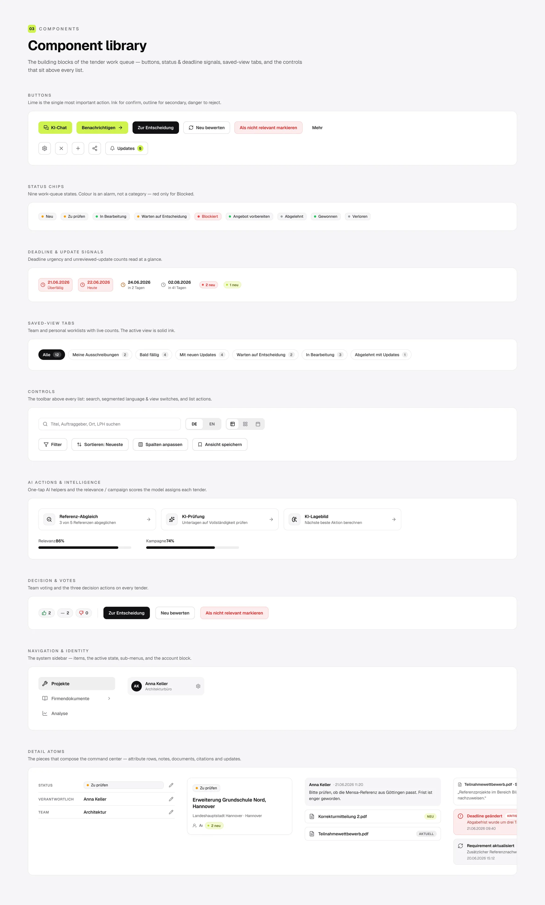 The Component library page: buttons, status chips, deadline and update signals, saved-view tabs, controls, AI actions with relevance and campaign scores, decision and votes, navigation, and the detail atoms