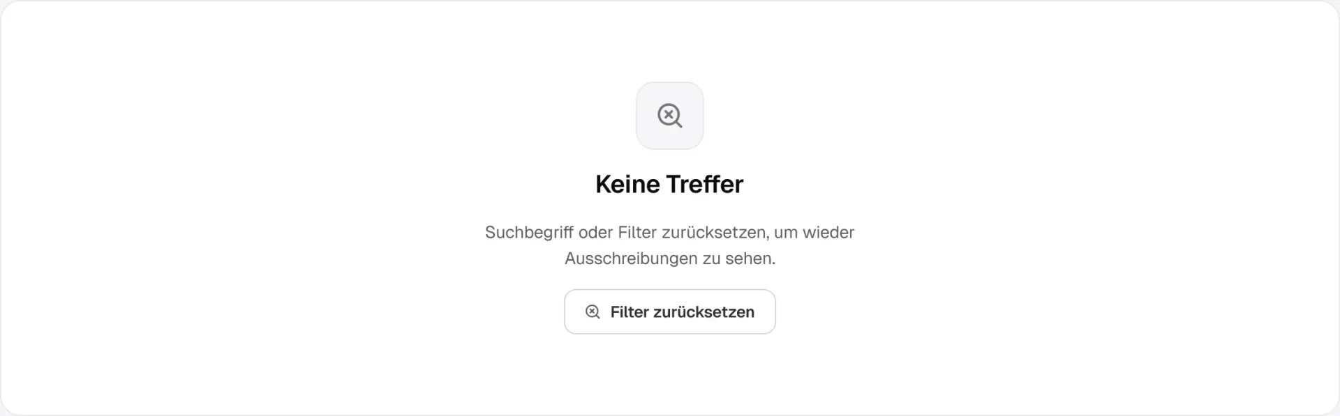 The empty state, “Keine Treffer”, asking to reset the search or the filters, with a button to reset filters