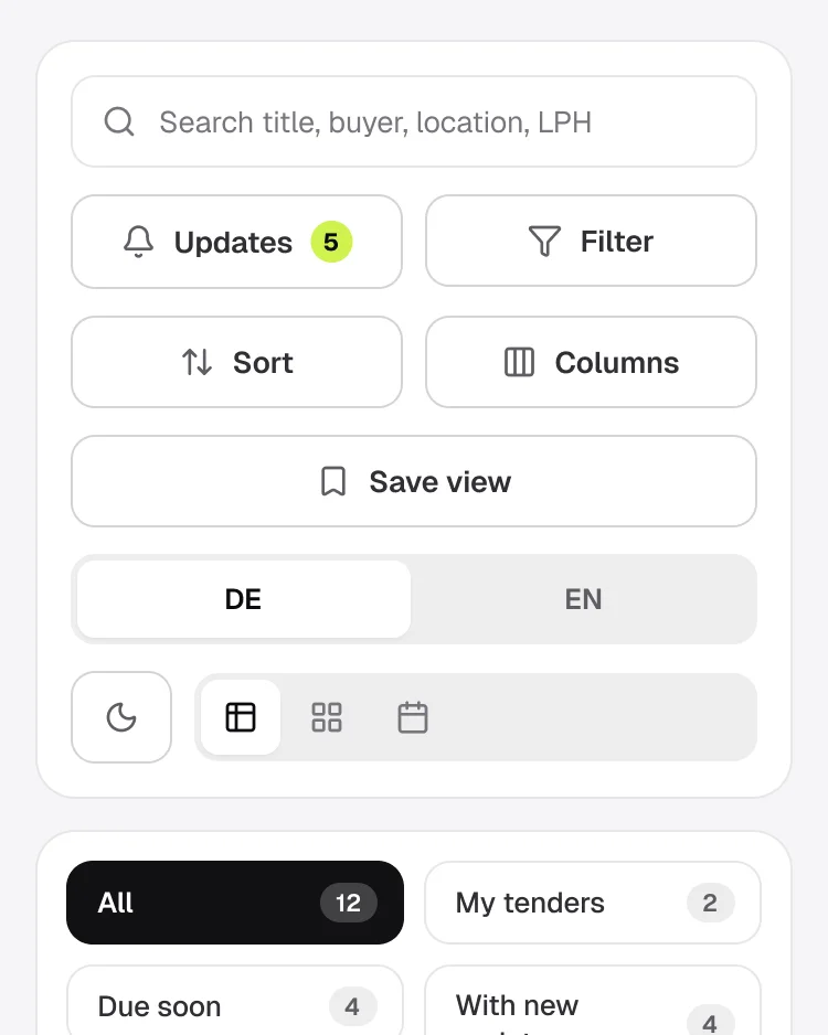 VOUND's saved-tenders queue: a sidebar with Projects active, a toolbar with search, Updates 5, filter, sort, columns, save view and a table, board and calendar switch, saved-view tabs with counts, and a table of nine tenders with deadline, status, next step and updates; two rows are blocked, with their reasons in red, and two deadlines are marked Today and Overdue