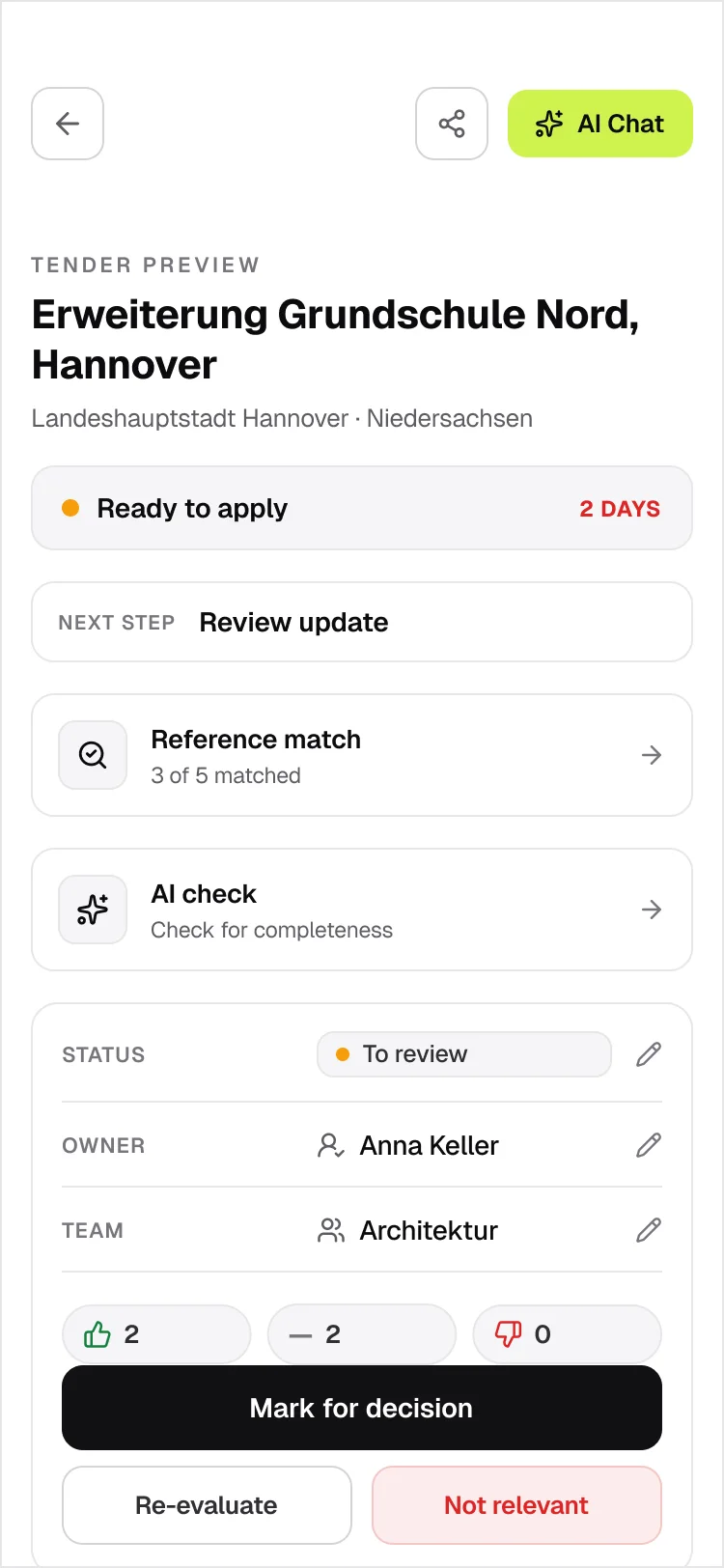 A tender at 375: AI Chat, the name and buyer, Ready to apply with two days, the next step, the two AI actions, the editable rows, votes and three decision buttons, then the status history and the key facts