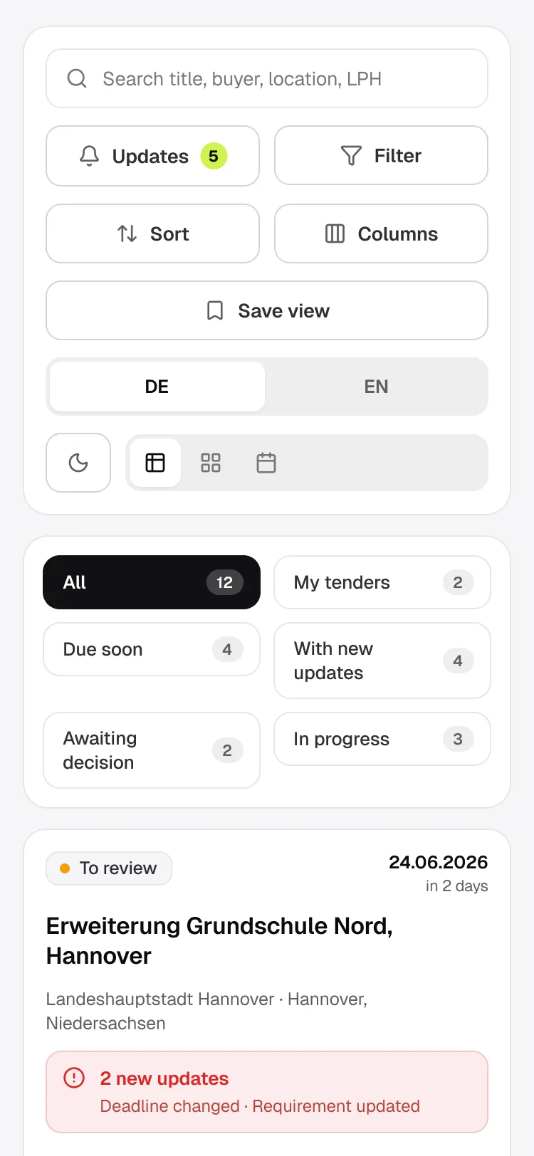 The queue at 375: a card of controls — search, updates, filter, sort, columns, save view, the DE and EN switch, dark mode and the view switch — then the saved views as a two-column grid, and the first tender as a card with its status, deadline, buyer and a red panel of two new updates