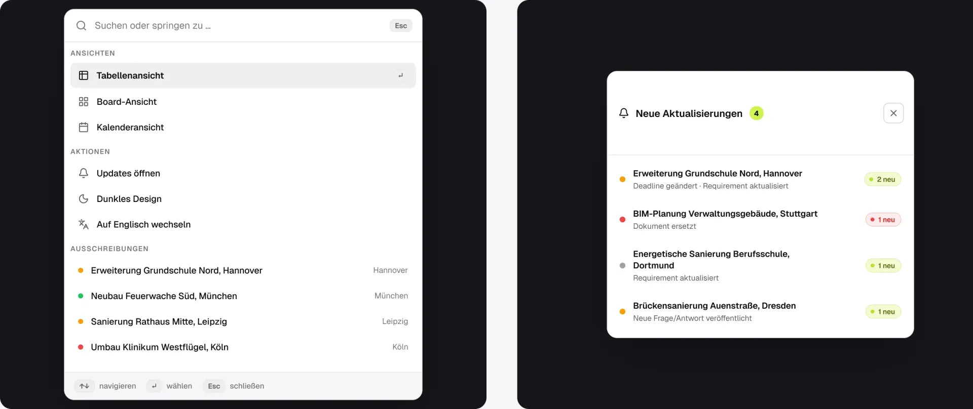 On dark plates, the German command palette with its views, actions — open updates, dark design, switch to English — and tenders; beside it the updates digest, “Neue Aktualisierungen 4”, listing four tenders and what changed in each